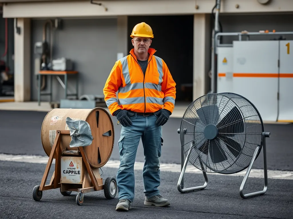 Worker in safety gear standing beside asphalt repair equipment.
