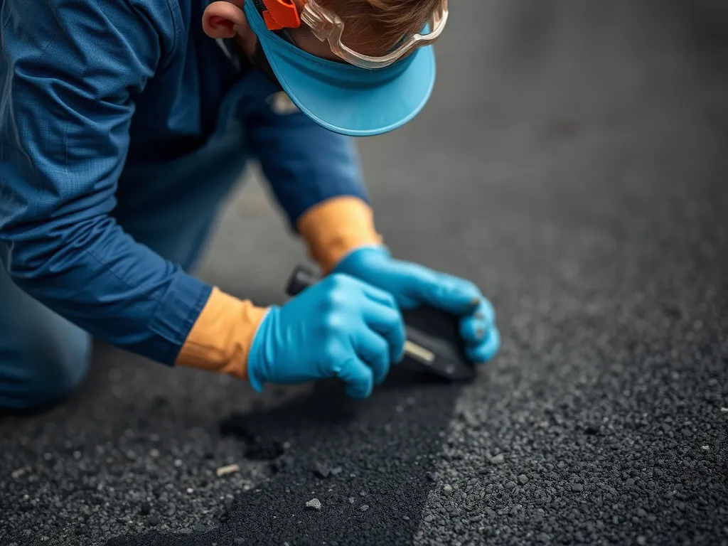 Person wearing safety gear while performing DIY asphalt repairs.