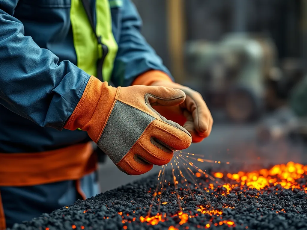 A worker wearing gloves handling hot asphalt, emphasizing safety precautions in asphalt work.