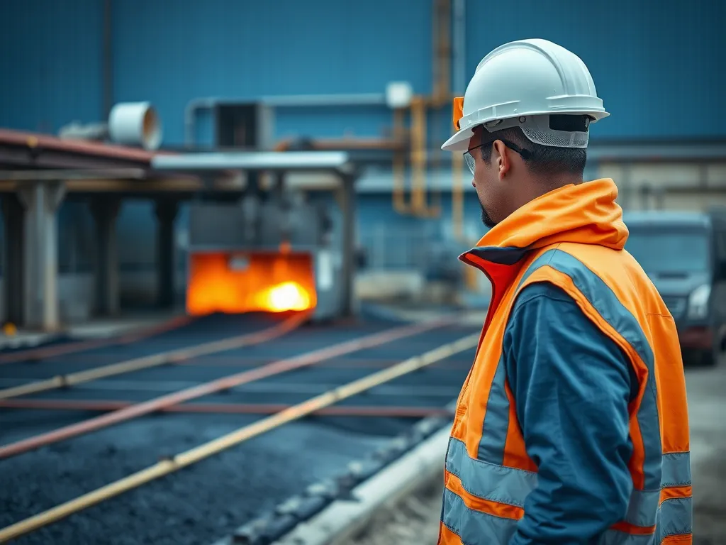 Worker observing asphalt heating process with safety measures in place