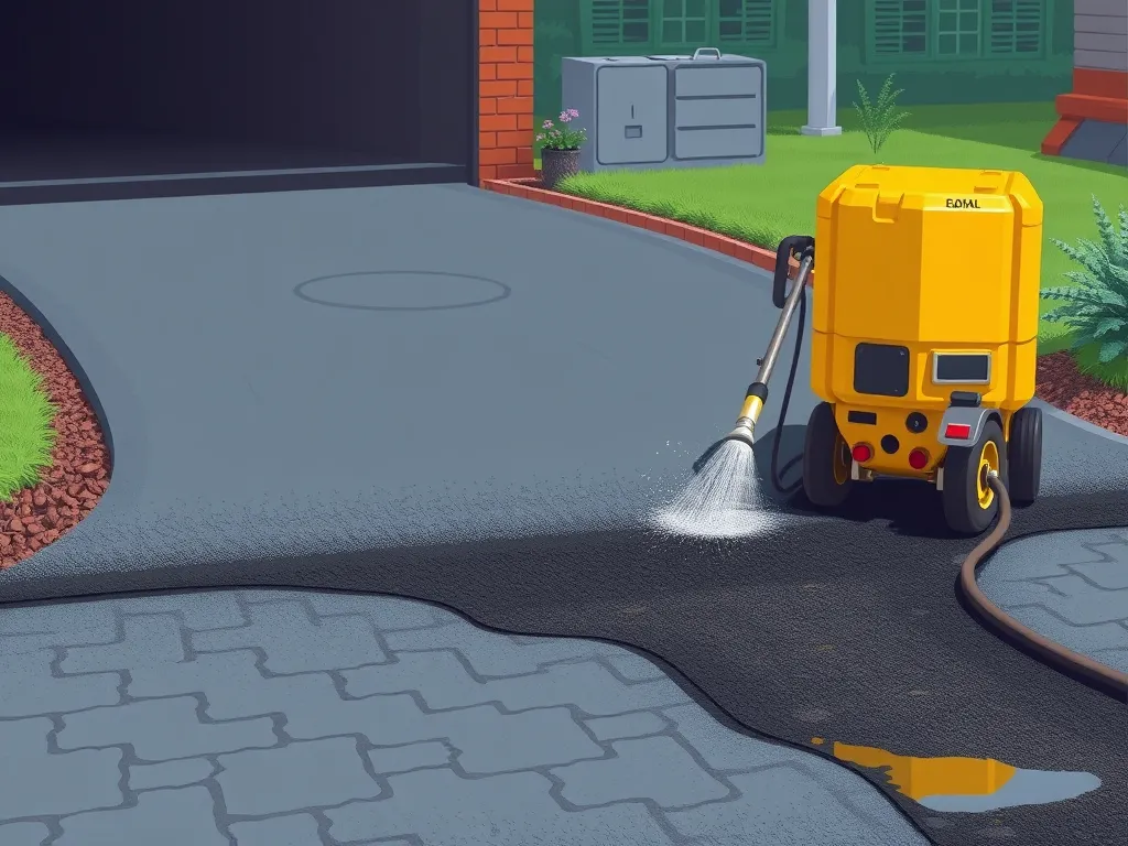 Asphalt driveway being seal coated with a spray machine for protection and durability