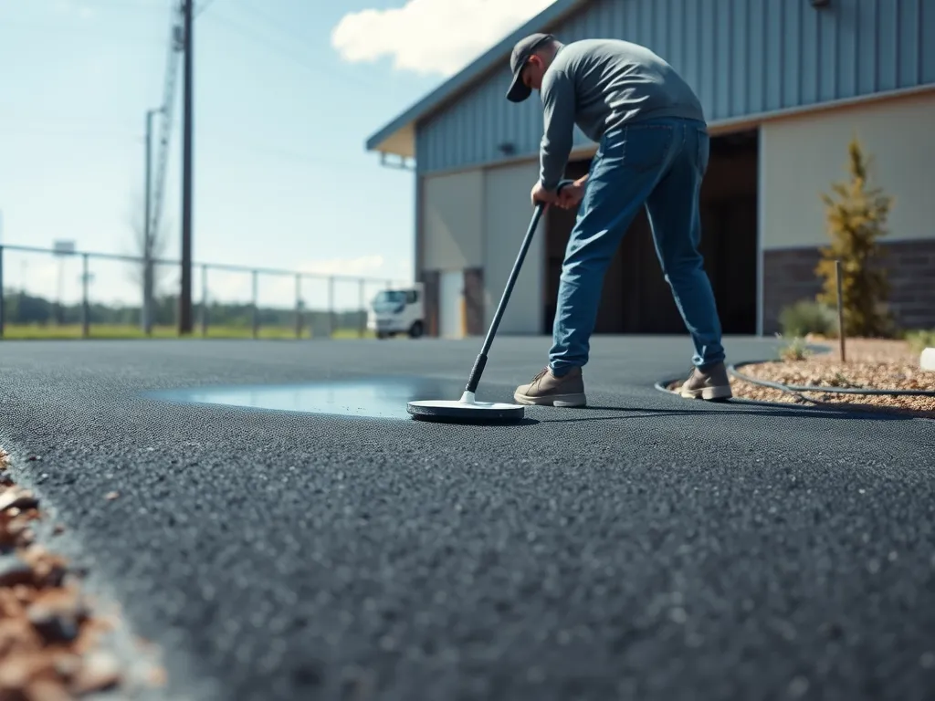 Person applying seal coat to an asphalt driveway