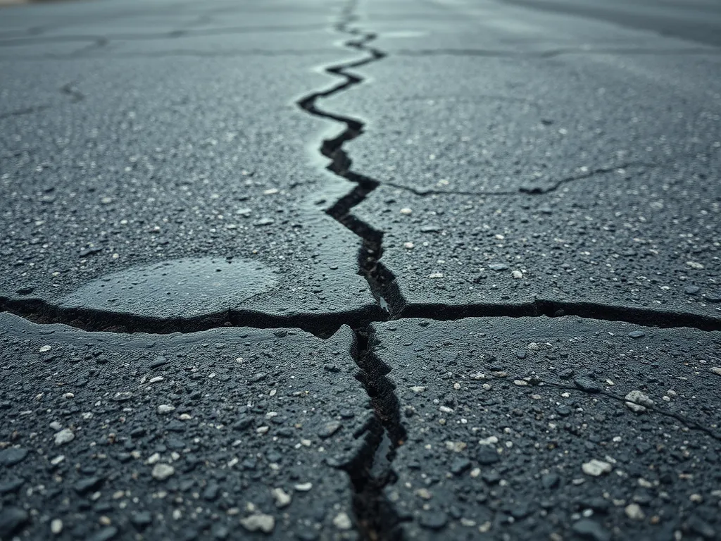 Cracked sealcoated asphalt displaying signs of wear over time related to average lifespan.