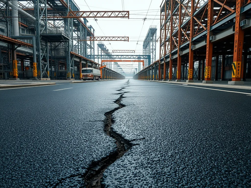 Cracked sealcoated asphalt surface showing signs of aging and wear