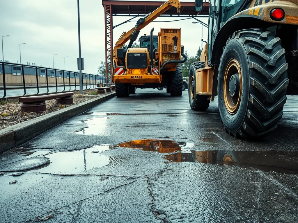 Equipment working on sealcoated asphalt with visible wear, highlighting the average lifespan.
