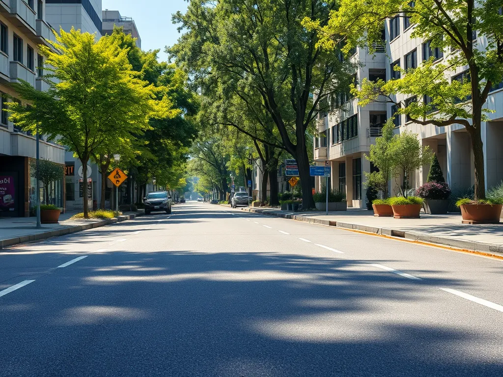 A tree-lined street showcasing the benefits of sealcoating for urban climate health.