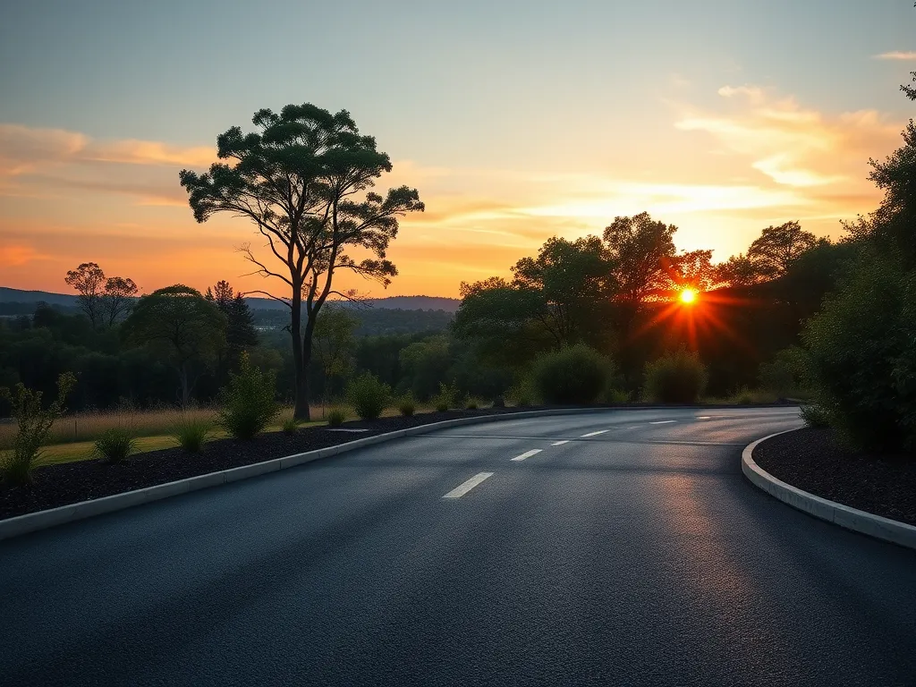 A freshly sealcoated road reflecting sunset, showcasing the benefits of sealcoating for climate protection.