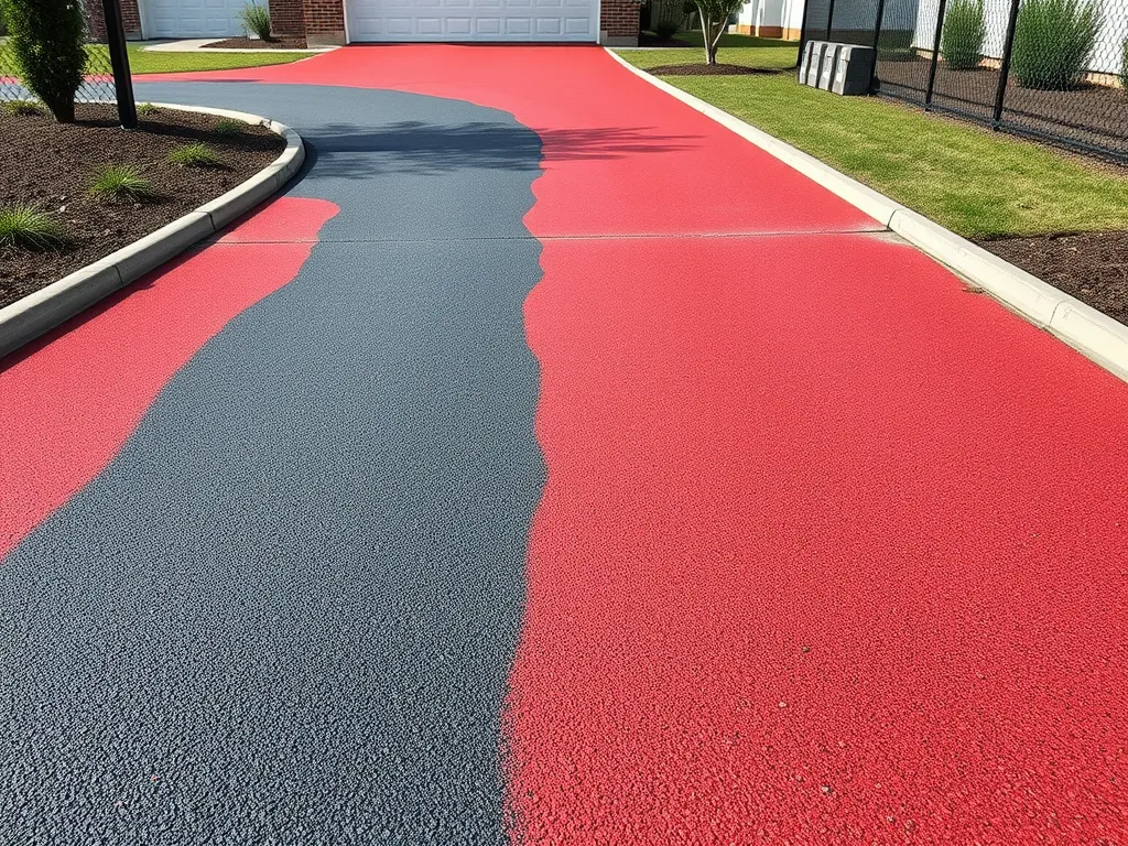 Innovative sealcoating design featuring a red and gray color scheme on a driveway.