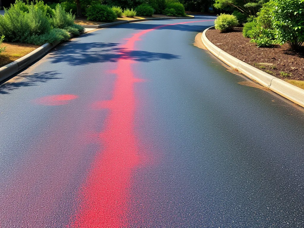 A freshly sealcoated asphalt surface showcasing a mix of dark coating with vibrant red design, highlighting modern sealcoating color trends.