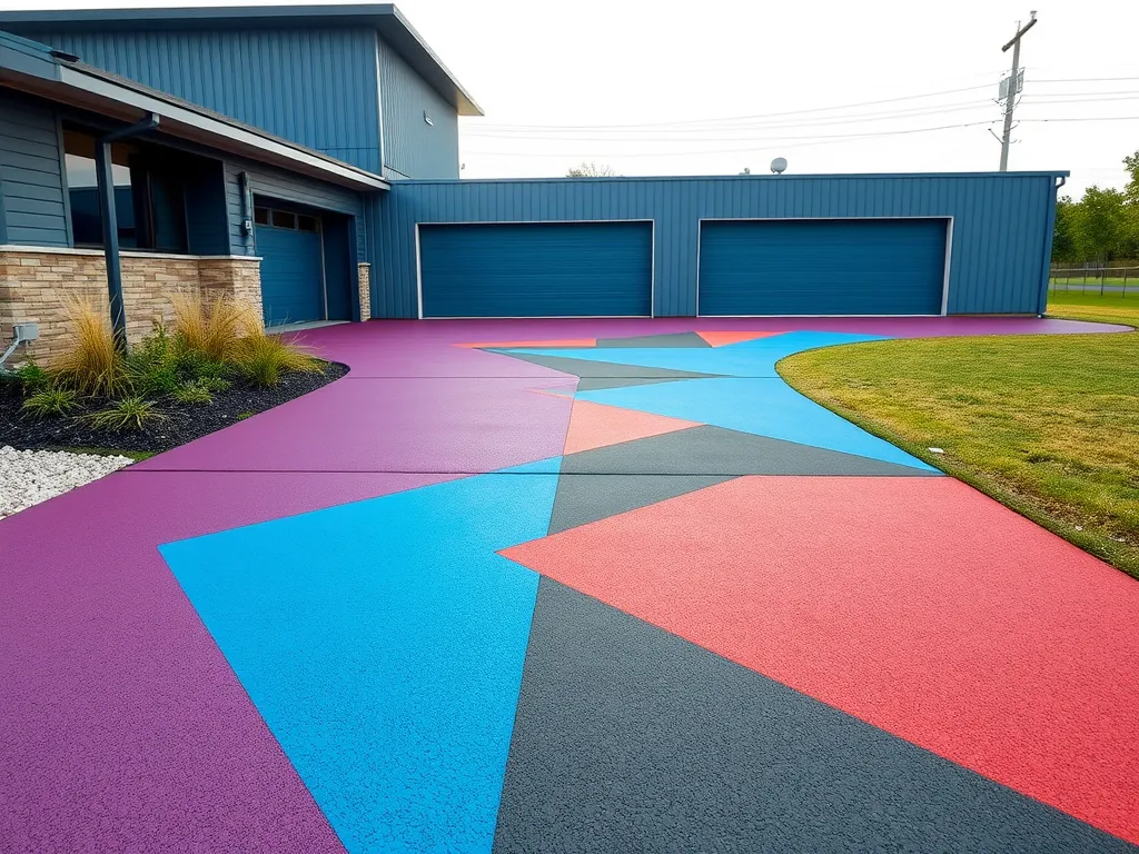 Colorful sealcoating design featuring vibrant patterns and colors in a residential driveway.