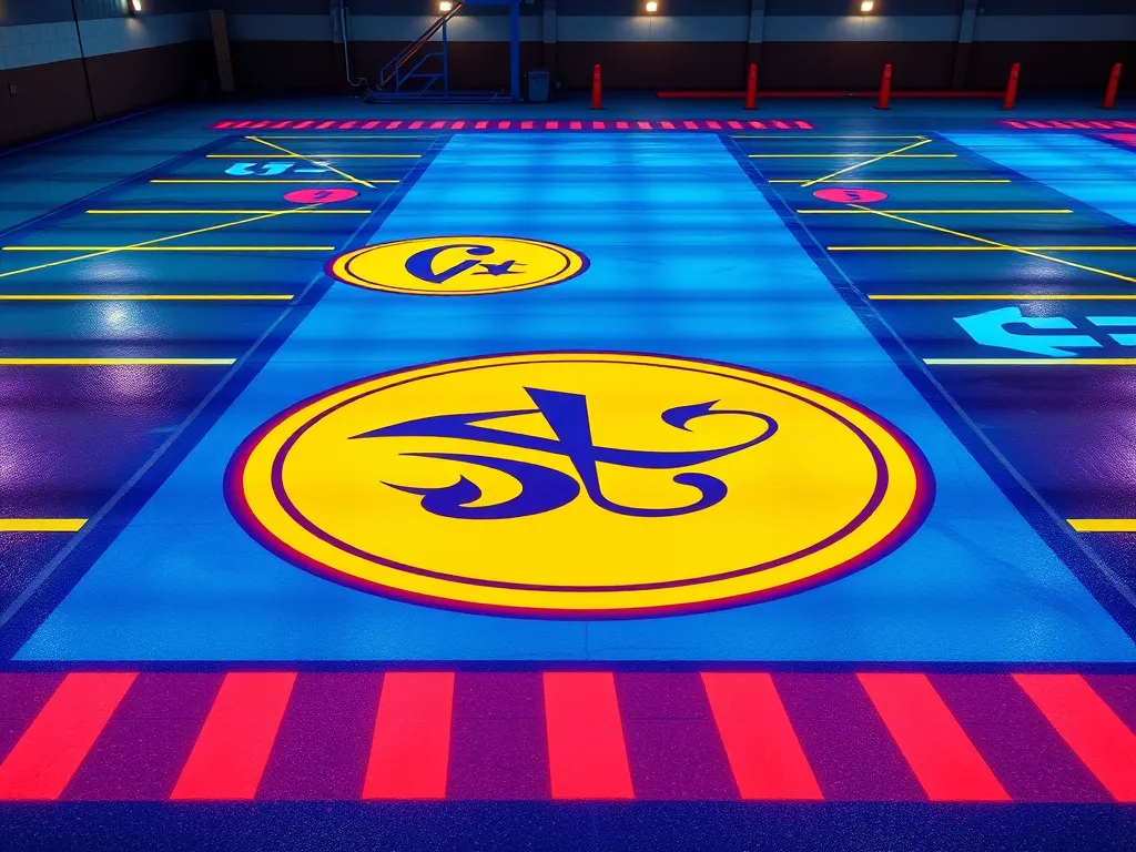 Vibrant sealcoating design showcasing various colors and patterns in a modern parking lot.