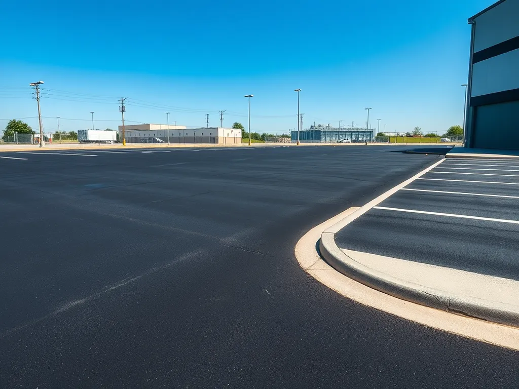 Freshly sealcoated commercial asphalt parking lot demonstrating the benefits of sealcoating for durability and appearance.