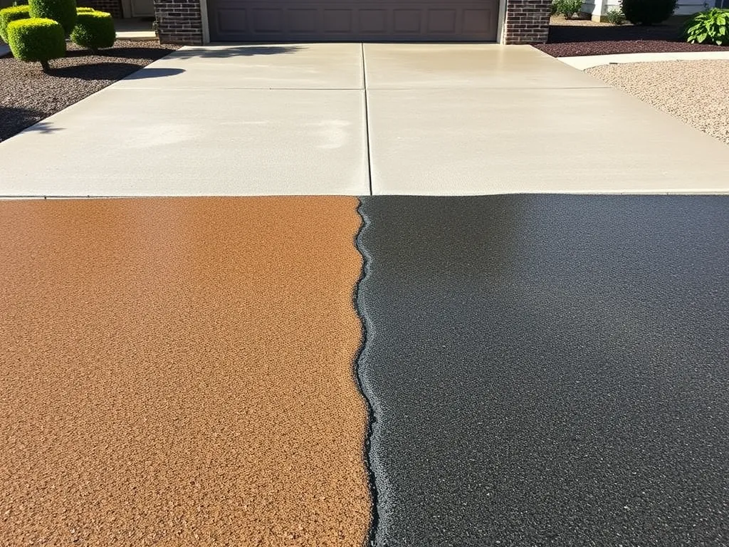 Before and after sealcoating comparison showing the cost effectiveness of sealcoating on pavement.