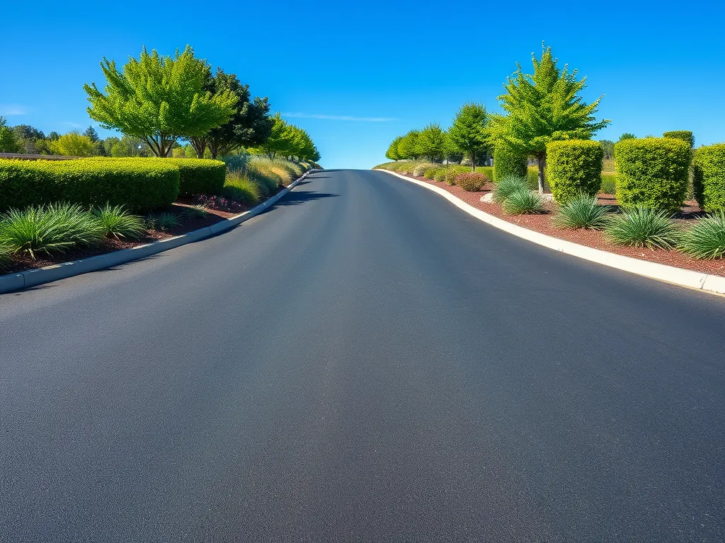 Freshly sealcoated driveway enhancing curb appeal with lush greenery