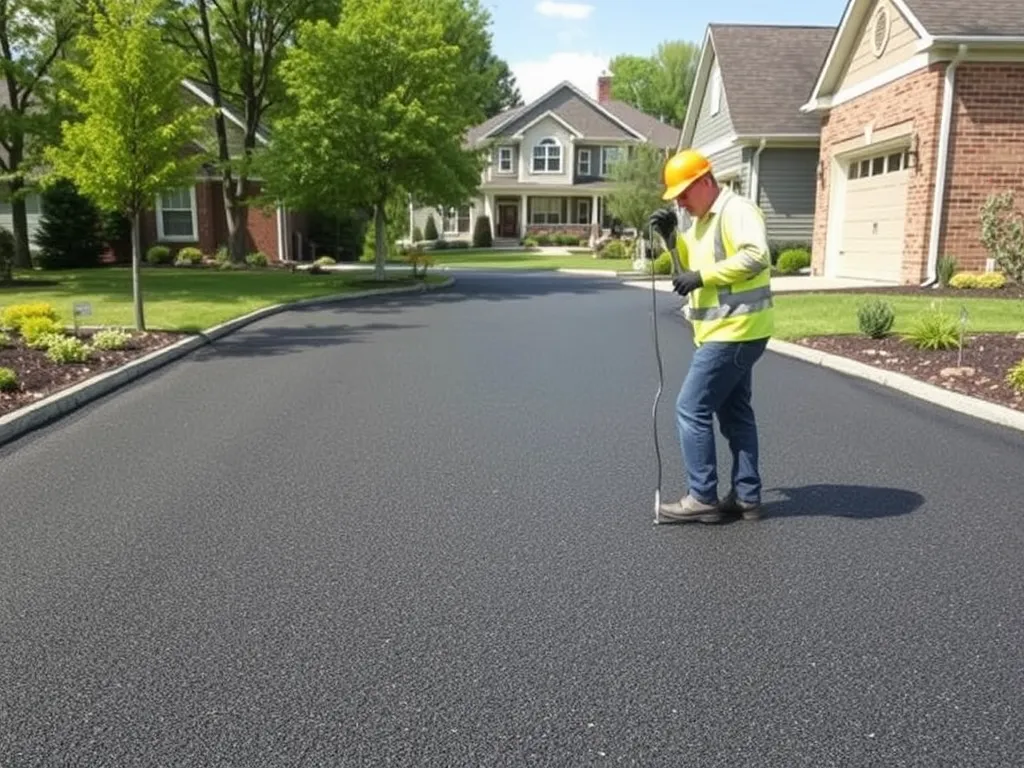 Worker applying sealcoat to asphalt pavement, highlighting the environmental advantages of sealcoating