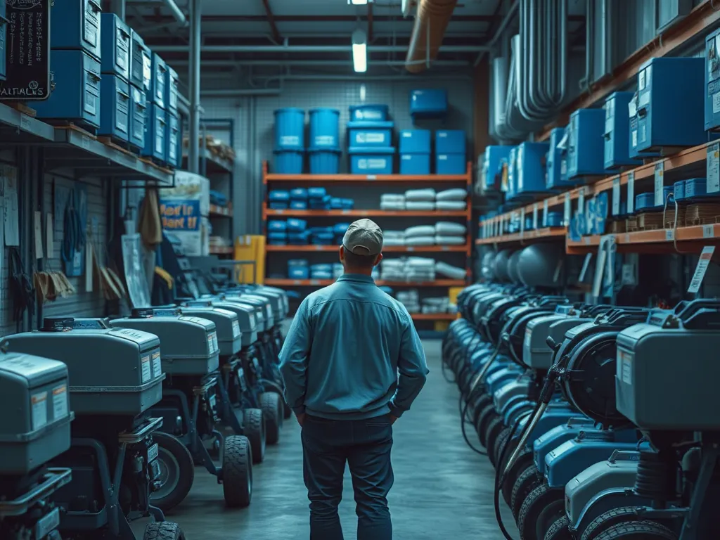 Man inspecting various sealcoating equipment in a warehouse, highlighting options for sealcoating projects.