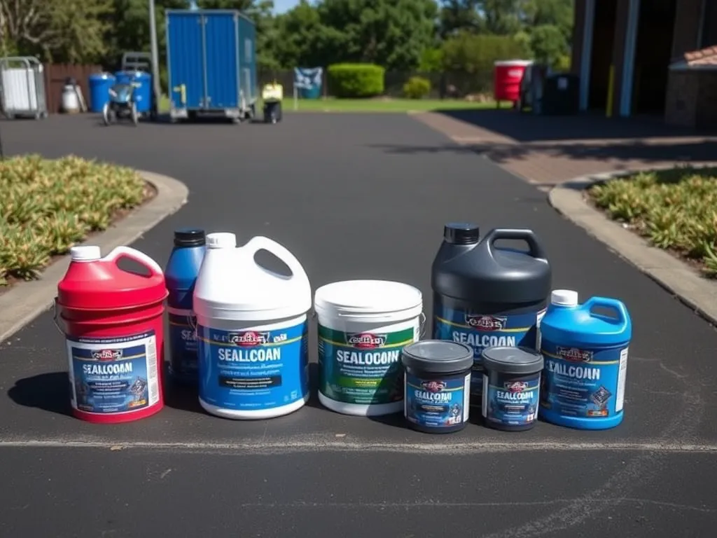 Variety of sealcoating products displayed on a paved surface, showcasing different types of sealers.