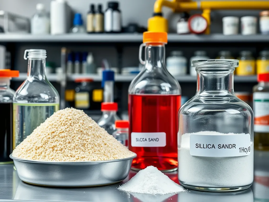 Various ingredients used in sealcoating products including silica sand and other components.