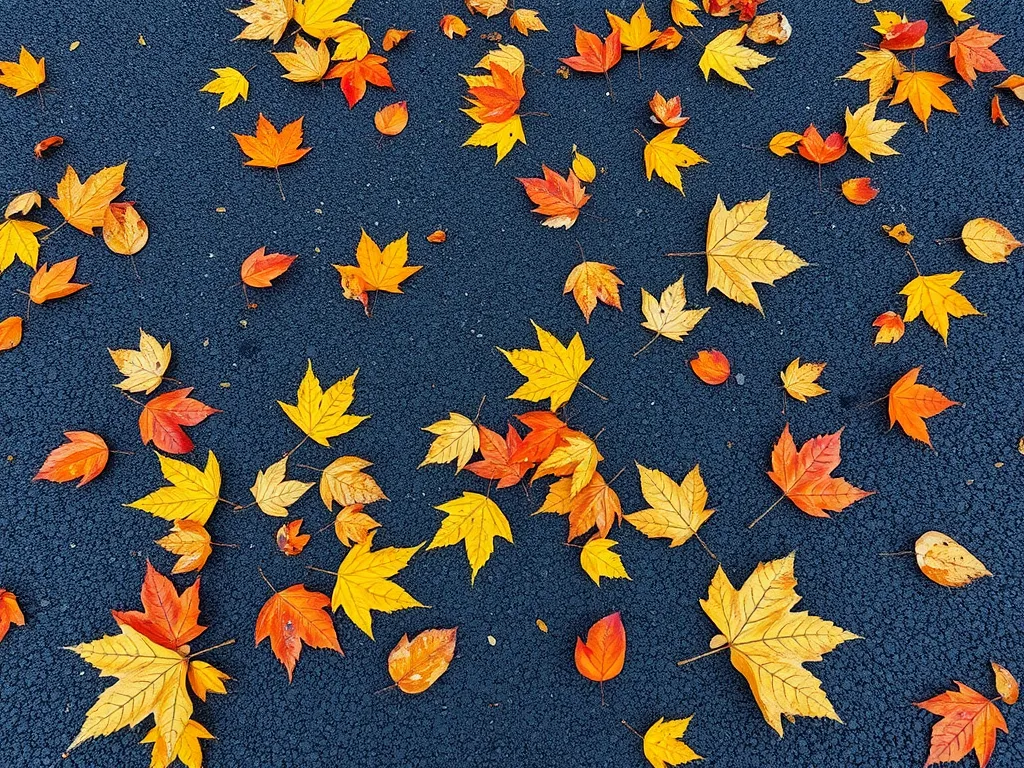 Colorful autumn leaves on asphalt, highlighting seasonal considerations for asphalt maintenance.