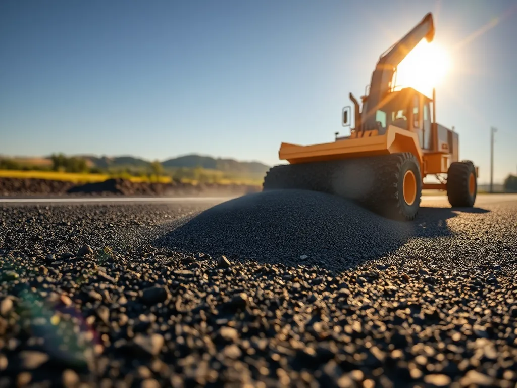 Construction vehicle laying asphalt on a sunlit road, highlighting seasonal effects on asphalt durability.