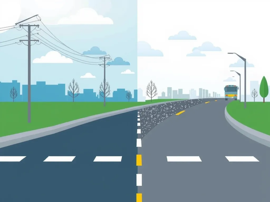Illustration showing the impact of seasonal changes on asphalt performance, highlighting differences in conditions.