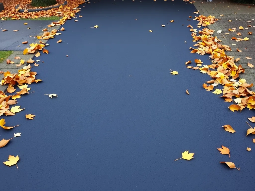 Autumn leaves on a freshly paved asphalt driveway, illustrating seasonal maintenance tips.