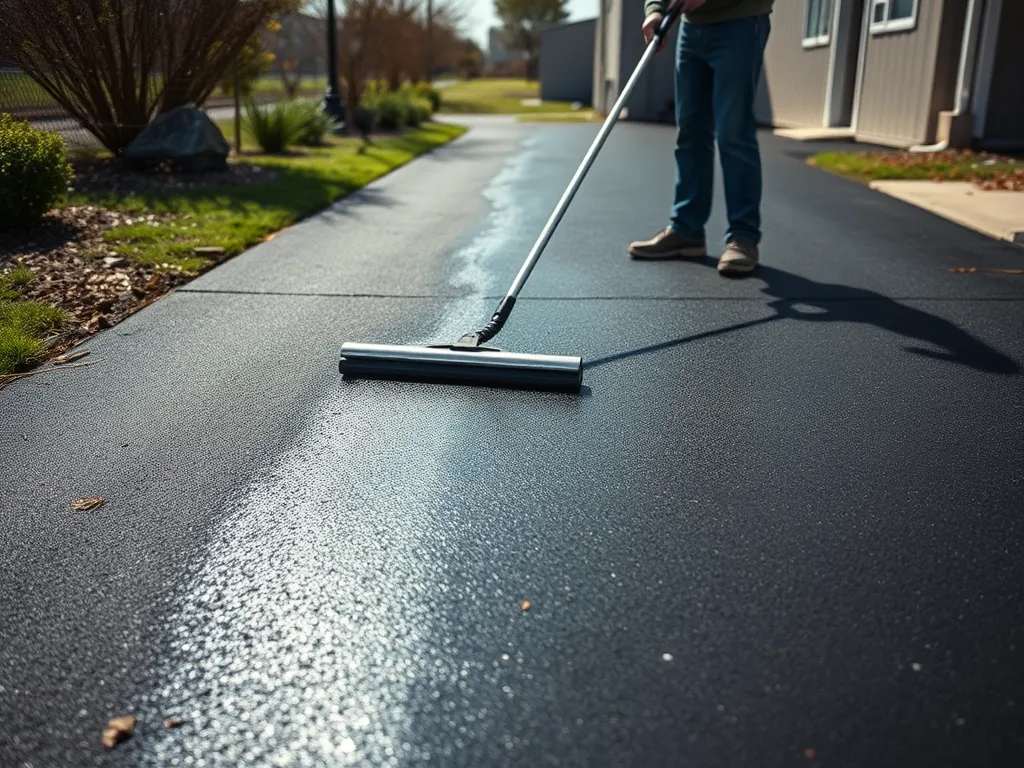 Person applying sealant on an asphalt driveway to ensure seasonal maintenance.