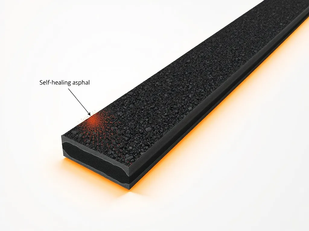 Illustration of self-healing asphalt showing its composition and healing process