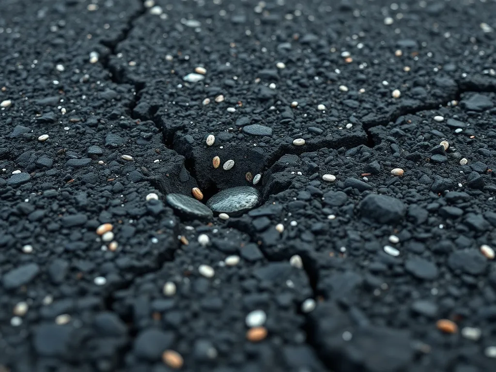 Close-up of a cracked asphalt surface illustrating self-healing properties