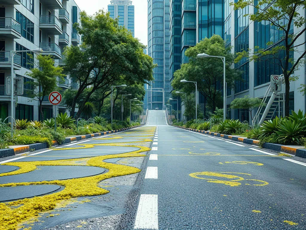 A view of a roadway utilizing self-healing asphalt technology, showcasing its benefits in urban settings.