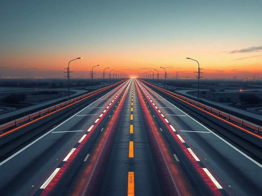 A road illuminated by streetlights showcasing innovative sensor technology in asphalt for traffic monitoring.