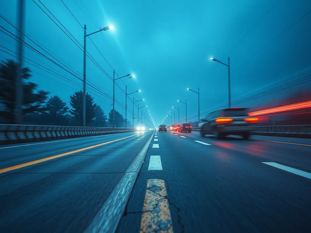 Highway at night showing vehicles and street lighting, emphasizing the role of sensors in asphalt maintenance and repair.