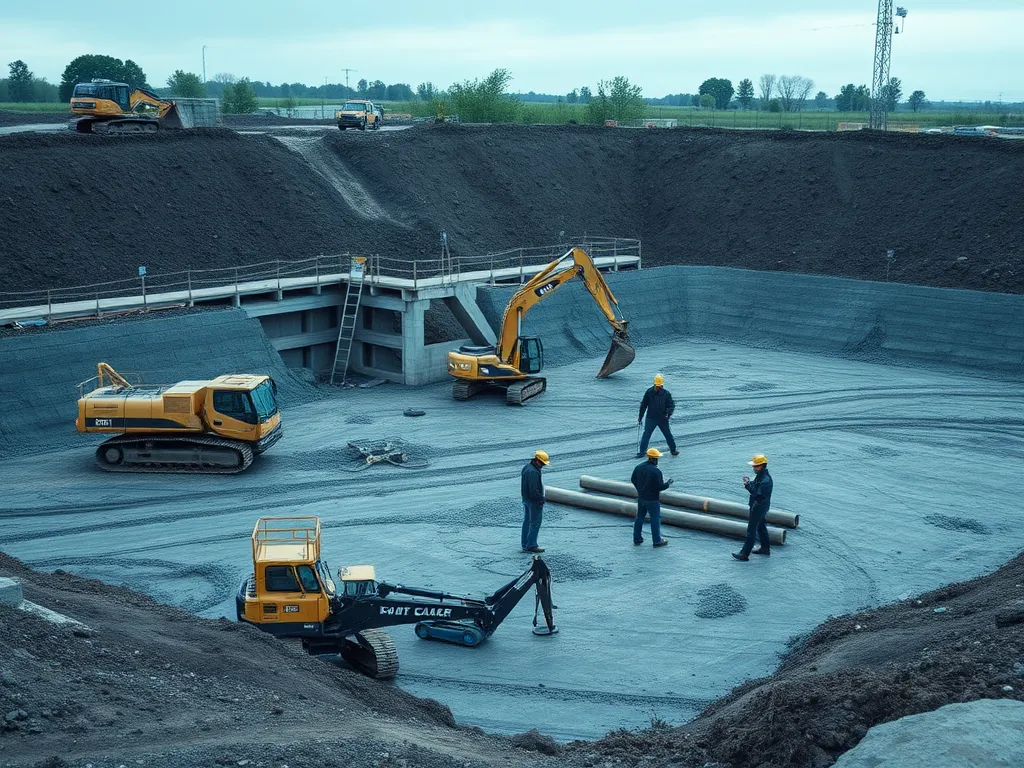 Construction workers conducting site assessment before excavation with heavy machinery on site