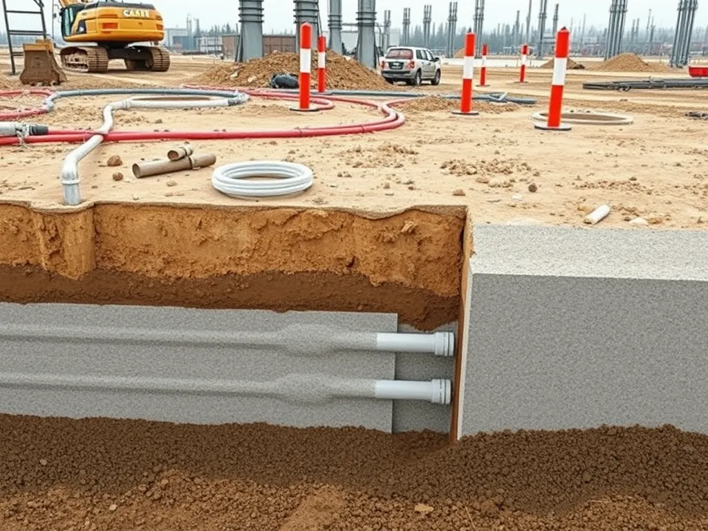Cross-section of properly graded site for asphalt installation showing soil layers and utilities