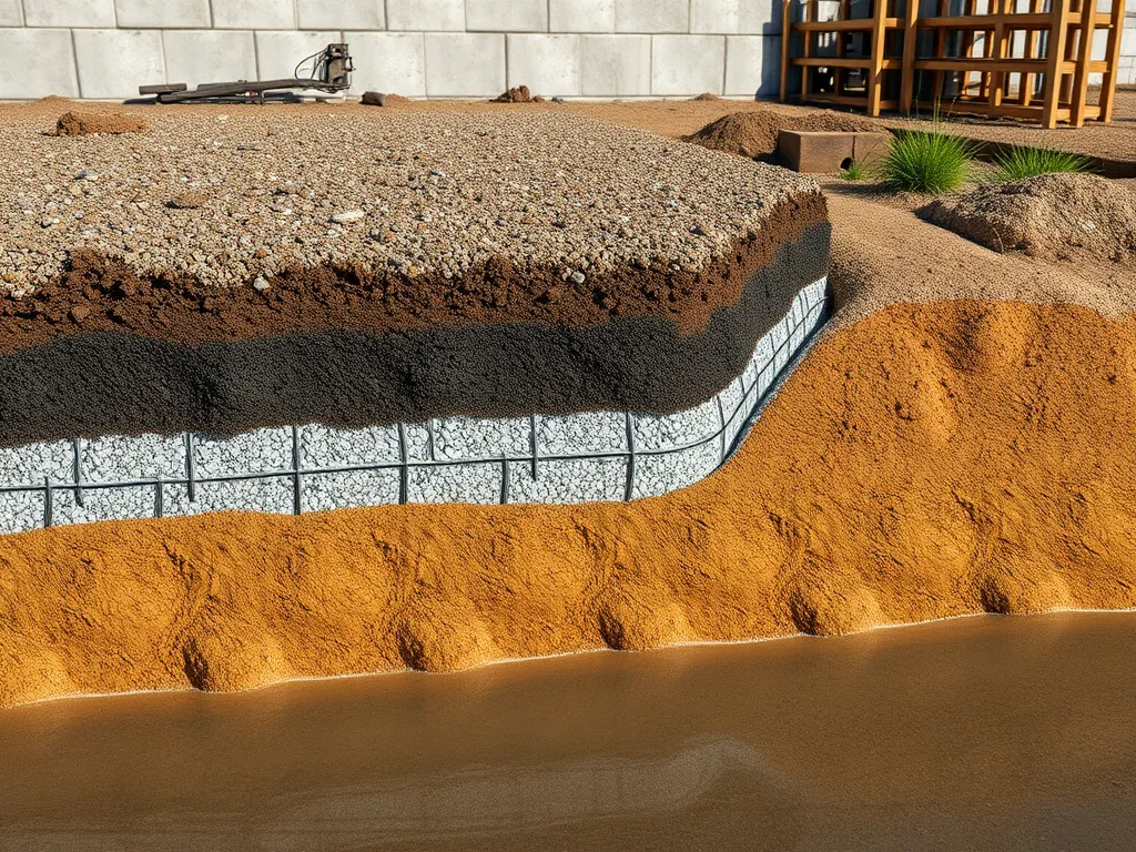 Cross-section of properly graded site before asphalt installation showing layers of gravel, sand, and soil.