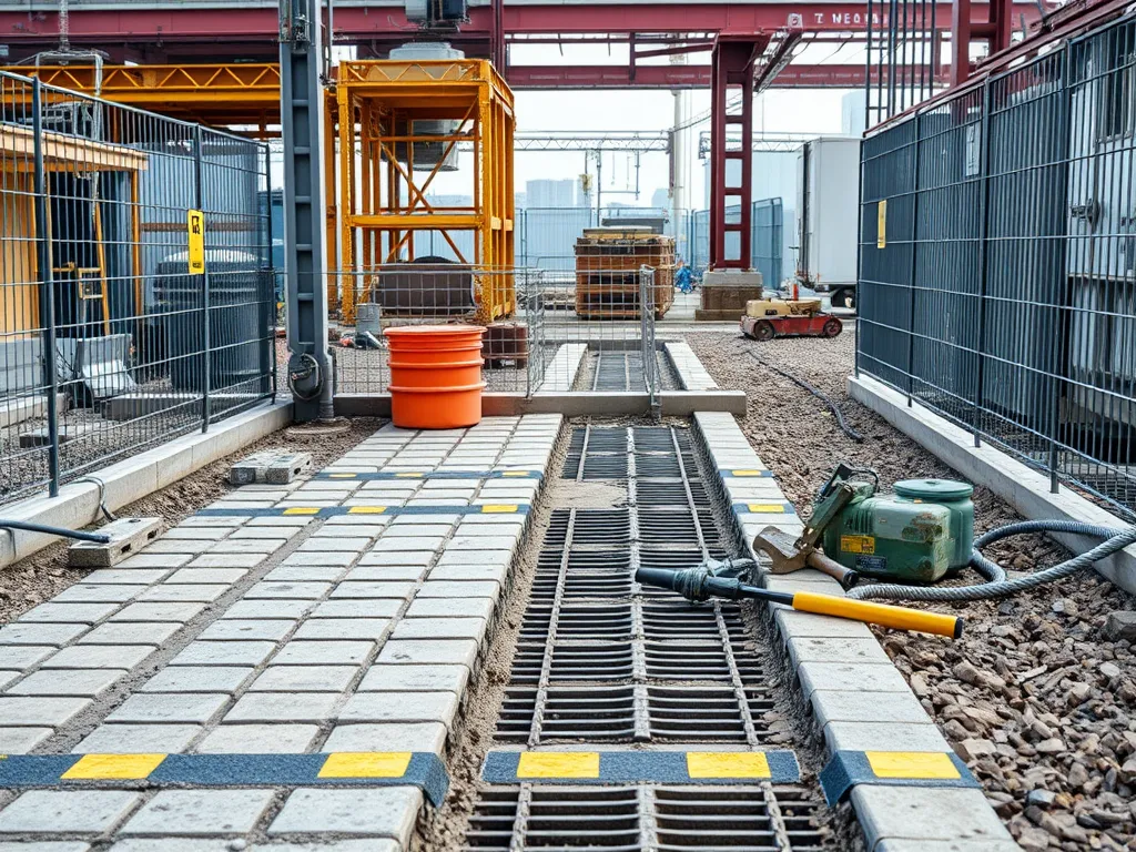 Construction site showing graded foundation with paving blocks for site preparation.