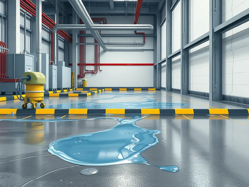 Illustration of a slip-resistant mastic surface in a warehouse setting with spilled water