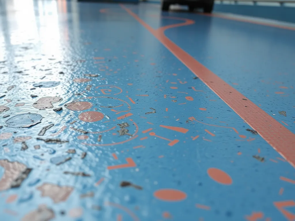 Close-up view of a slip-resistant mastic surface with water droplets