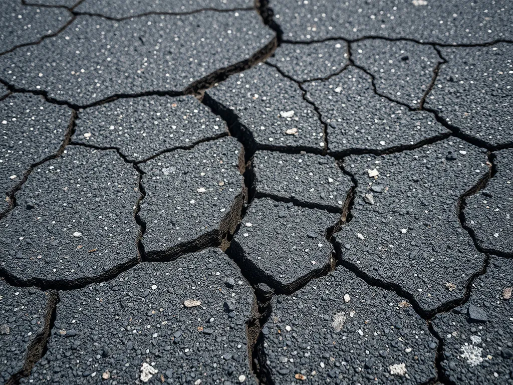 Close-up view of small cracks in asphalt, illustrating the types of damage that require repair