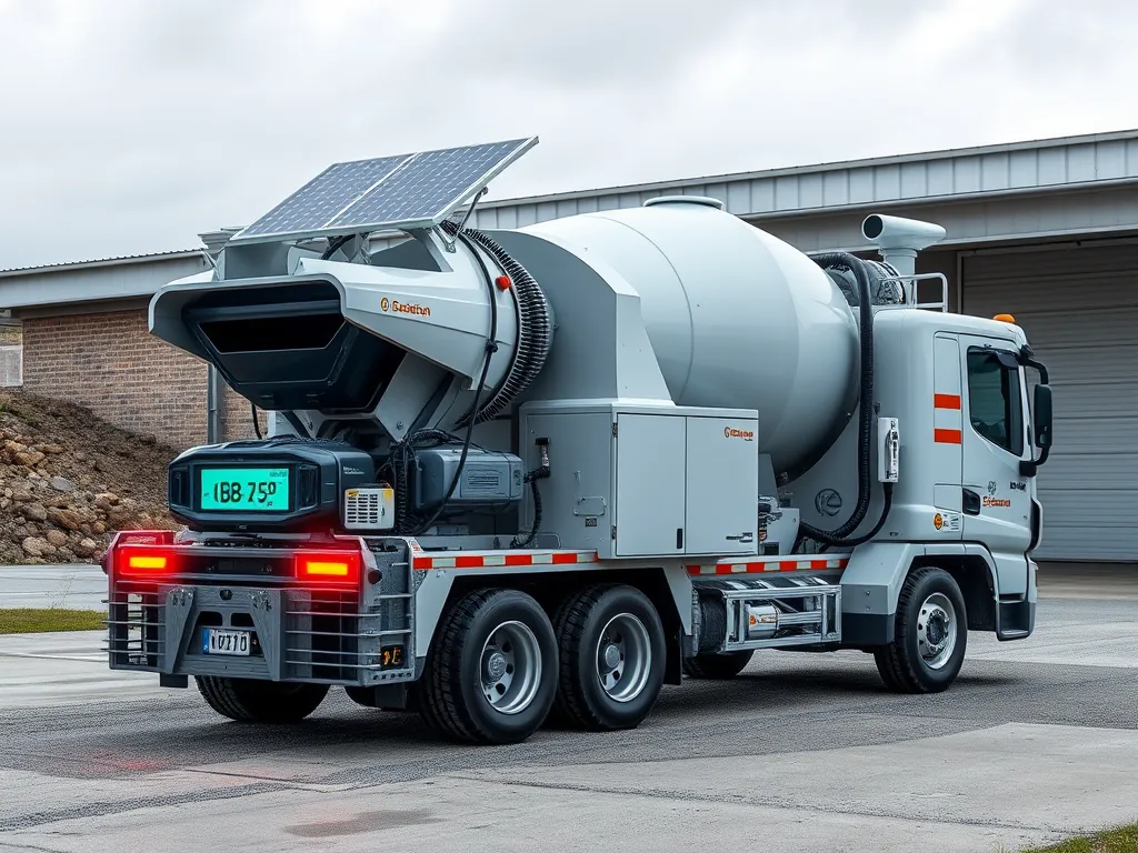 Truck equipped with smart asphalt technology featuring solar panels and advanced mixing capabilities.