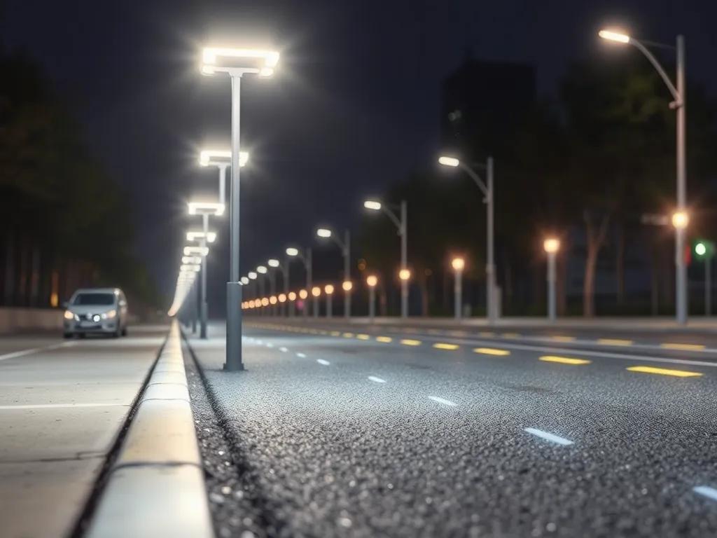 Night view of a road featuring innovative smart materials in asphalt technology, highlighting durability and safety.