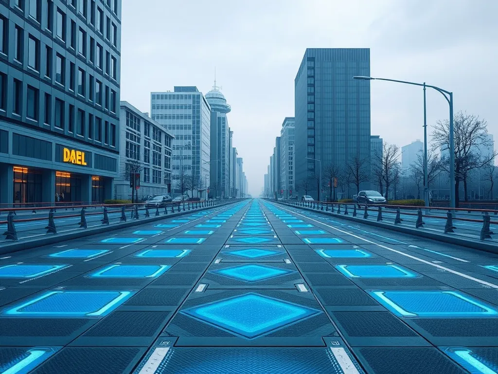 Futuristic smart pavement technology in urban city landscape, enhancing smart city infrastructure.