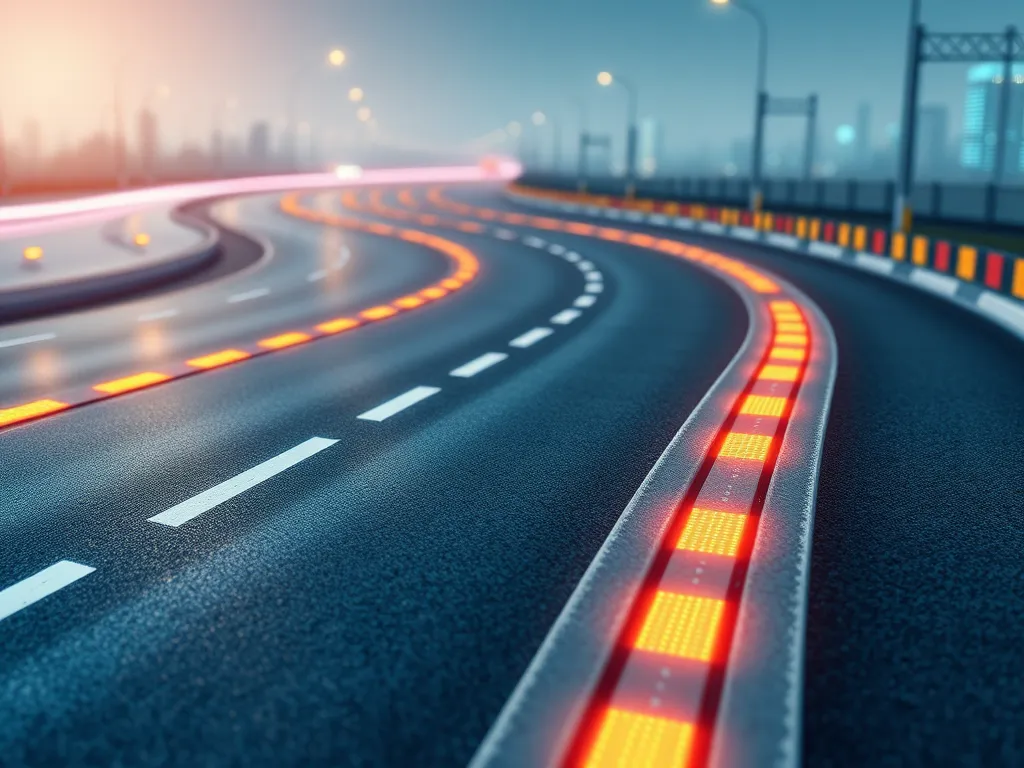 Smart sensors on a curved road with illuminated lane markings for road maintenance