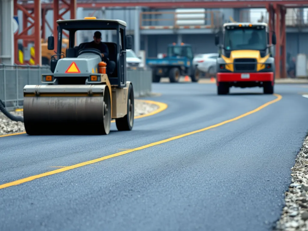 A paver machine and roller working on achieving a smooth asphalt surface for road construction.