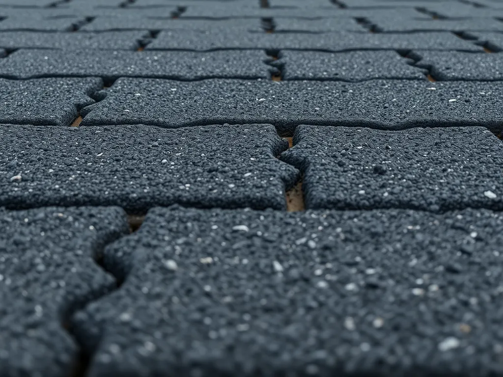 Close-up view of a freshly laid smooth asphalt surface created with a paver machine.