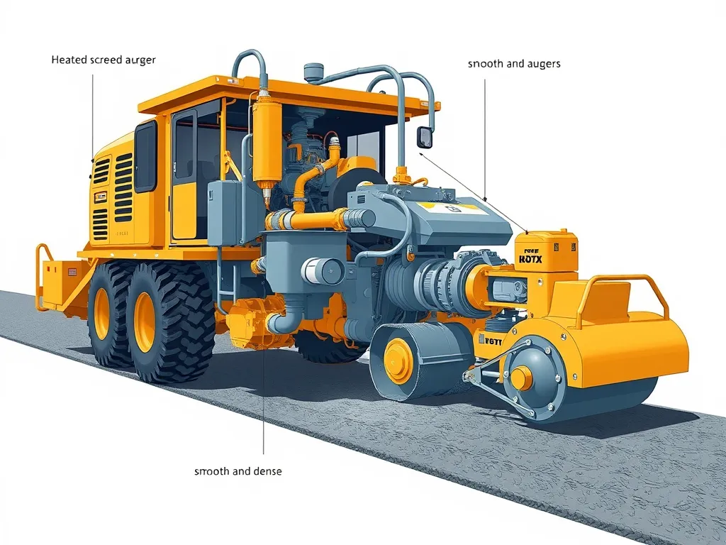 Smoothing machine used to enhance asphalt longevity with heated screed and augers.