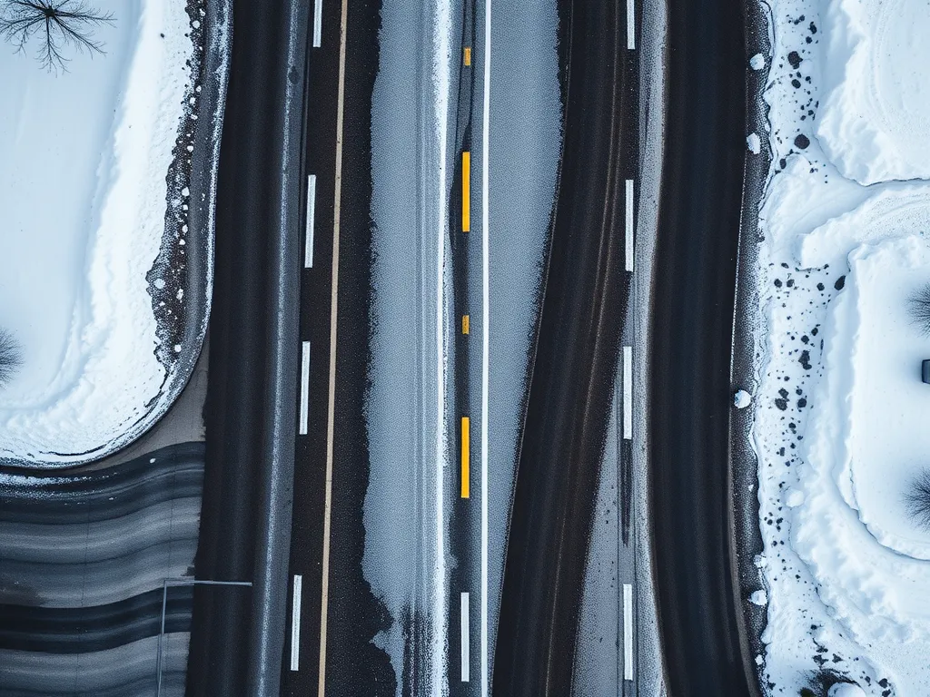 Aerial view of asphalt road affected by snow and ice.
