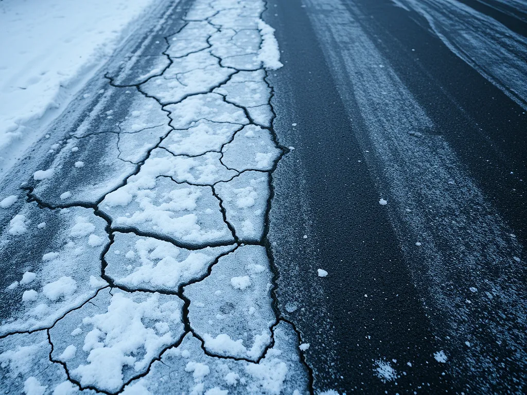 Cracked asphalt surface affected by snow and ice.