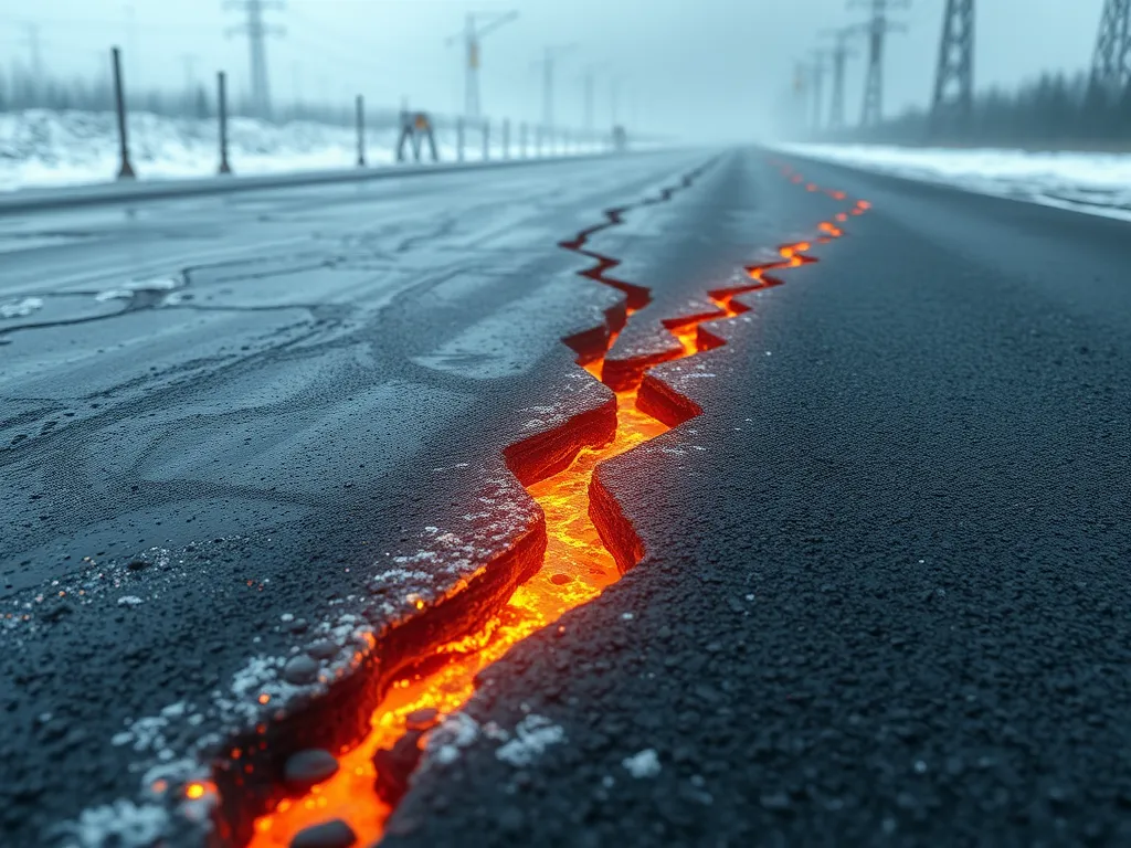 Cracks in asphalt caused by snow and ice damage, highlighting the effects of freezing temperatures.