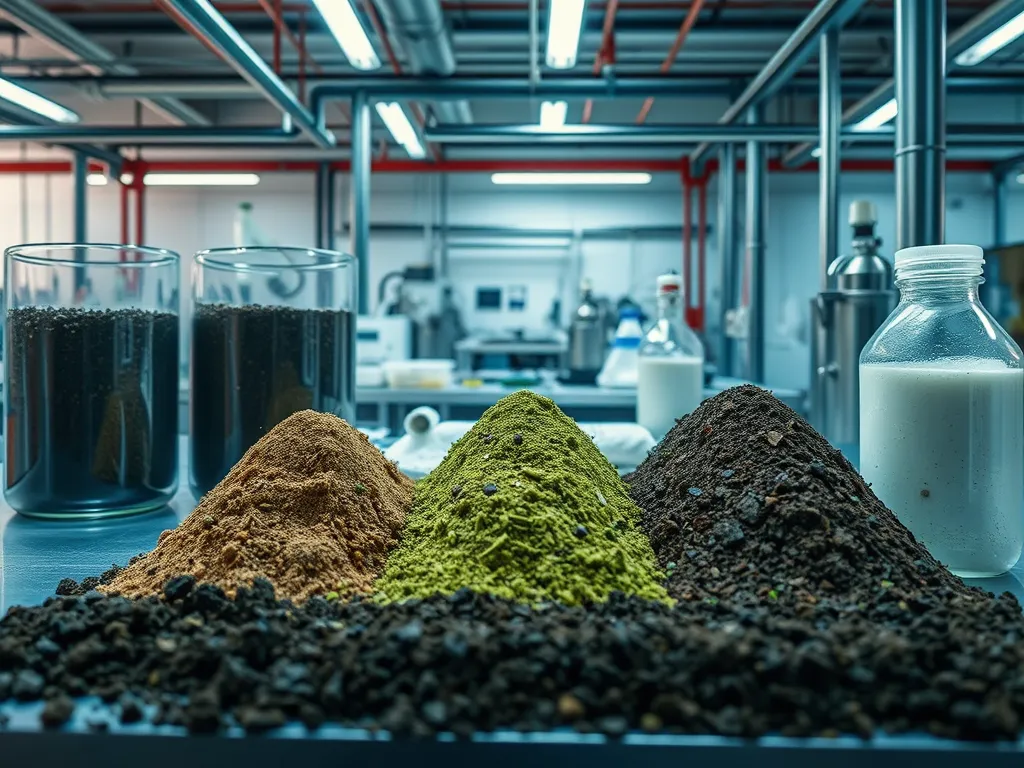 Piles of different soil stabilization agents including lime, clay, and chemical additives.